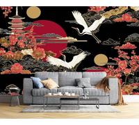 Papel Pintado Pared 3D Patrón Japonés Papels Tapiz, Grulla Flor De Cerezo Tejido Seda,Rojo Fotomurales 3D Papel Pintado Pared Dormitorio Murales Wallpaper 350 × 256 Cm