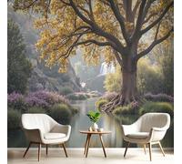 Papel Pintado Pared 3D, Robles Imponentes Papels Tapiz, Naturaleza Niebla Hierba Tejido No Tejido Fotográfico, Verde Fotomurales Papel Pintado Pared Dormitorio Murales Wallpaper 450×315cm