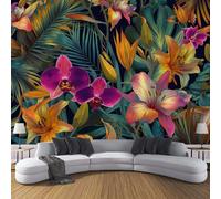 Papel Pintado Pared 3D, Tropical Flores Hojas Palma Papels Tapiz, Flores Orquídea Tejido No Tejido Fotográfico, Verde Fotomurales Papel Pintado Pared Dormitorio Murales Wallpaper 352×250cm
