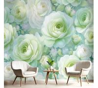 Papel Pintado Pared 3D Verde Blanquecino Rosa Fresca Fotomurales Tv Fondo Dormitorio Murales Plantas De Acuarela Para Sala De Estar Pósteres Motivos De Restaurante De Oficina,400X280Cm