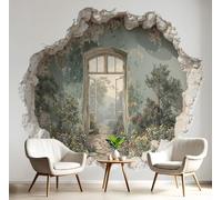 Papel Pintado Pared 3D Verde Blanquecino Vista De Ventana Fotomurales Tv Fondo Dormitorio Murales Arte Retro Para Sala De Estar Pósteres Motivos De Restaurante De Oficina,400X280Cm