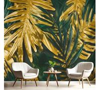 Papel Pintado Pared 3D Verde Dorado Hojas Brillantes Fotomurales Tv Fondo Dormitorio Murales Plantas Tropicales Para Sala De Estar Pósteres Motivos De Restaurante De Oficina,450X300Cm