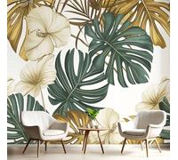 Papel Pintado Pared 3D Verde Dorado Hojas Flores Fotomurales Tv Fondo Dormitorio Murales Ilustraciones Tropicales Para Sala De Estar Pósteres Motivos De Restaurante De Oficina,400X280Cm