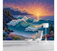 Papel Pintado Pared 3D Verde Montañas Océanos Fotomurales Tv Fondo Dormitorio Murales Paisaje Al Atardecer Para Sala De Estar Pósteres Motivos De Restaurante De Oficina,400X280Cm