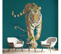 Papel Pintado Pared 3D Verde Parduzco Tigre Andante Fotomurales Tv Fondo Dormitorio Murales Animales Minimalistas Para Sala De Estar Pósteres Motivos De Restaurante De Oficina,300X210Cm