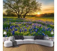Papel Pintado Pared 3D Vista Del Amanecer En El Jardín Papels Tapiz, Campo Flores Bluebonnet Tejido Seda,Verde Fotomurales 3D Papel Pintado Pared Dormitorio Murales Wallpaper 400 × 280 Cm