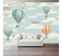 Papel Pintado Pared 400 x 280 cm - Dibujos Animados Globo Aerostático Avión Papel pintado Gris Azulado Mural de Arte Decoración para Comedores Salones Habitaciones Sala Cuarto Oficina Salón