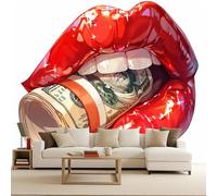 papel pintado pared 500x280cm Labios Rojos papel pintado flores Elemento De Poder Noble Póster Gigante Fotomurales Modernos Efecto 3D Ilusión Óptica Salón Dormitorio Fácil de Aplicar