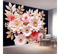 Papel Pintado Pared Arte 3D Flores Fondo Negro Con Adornos Dorados, Negro Mural Autoadhesivo 350 x 256 cm（WxH Adhesivo Muebles Autoadhesivo Papeles Pintados para Dormitorio Salón Pasillo