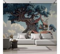 Papel Pintado Pared Azul Grisáceo Estilo De Dibujos Animados Casa Del Árbol De Cuento De Hadas Efecto 3D Papel Adhesivo Pared Dormitorio Para Salón, Adulto Habitación De Niños, Estudio Decoración