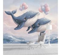 Papel Pintado Pared Ballena Voladora Papels Tapiz, Animales Fantásticos En Acuarela Murales Decoración De Pared, Azul Fotomurales Para Dormitorio Infantil, 150x105cm