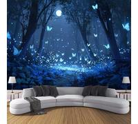 Papel Pintado Pared Bosque De Fantasía,300 × 210 Cm Material De Seda Mural,Azul Papel Tapiz 3D Adecuado Para Decoración Paredes Sala, Dormitorio-Luciérnagas Mariposas