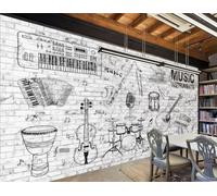 Papel Pintado Pared De Ladrillo Retro Pintado A Mano Guitarra Instrumento Música Bar Tienda De Postres Té De La Tarde Pared De Fondo Restaurante Occidental Papel Pintado Café Mural,3D,300x210cm