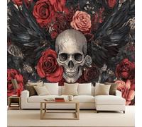 papel pintado pared dormitorio 500x280cm Flores Con Alas De Calavera papel pintado flores Serie Muerte Oscura Arte de Pared Fotomurales Modernos Póster Gigante Salón Dormitorio Habitación Infantil