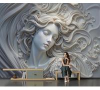 Papel Pintado Pared Escultura Arte, 350x250cm Papel de Pared Panorámico Una Mujer Se Queda Dormida Los Ojos Cerrados. Fotomurales Decorativos Murales Para Salón Dormitorio Habitación De Niños, Beige