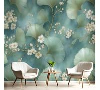 Papel Pintado Pared Estilo Retro, 250x175cm Papel de Pared Panorámico Hojas Y Flores Ginkgo En Acuarela Póster Gigante Fotomurales Decorativos Murales Para Salón Dormitorio Habitación De Niños, Verde