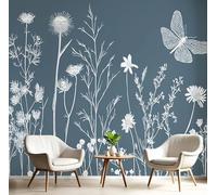 Papel Pintado Pared Flor De Libélula 200x140cm Fondo de Pantalla Panorámico Flores Silvestres Dibujadas A Mano Papel Tapiz Decoración de Pared para Sala de Estar Dormitorio Oficina, Azul Oscuro