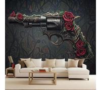 Papel Pintado Pared Flores Rosa Gótico Estilo Revólver Fotomurales 200x140 cm, Foto Mural 3D Papel Tapiz Fotográfico, Tejido No Tejido Mate Murales Decorativos Pared, Para Dormitorio Salon Decoración