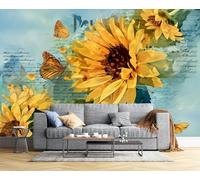 Papel Pintado Pared Girasoles En Acuarela,350 × 256 Cm Material De Seda Mural,Amarillo Papel Tapiz 3D Adecuado Para Decoración Paredes Sala, Dormitorio-Mariposas Diseño De Letras