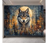 papel pintado pared infantil 350x260cm Pintura Al óleo De Lobo Del Bosque papel pintado ladrillo Lienzo mural 3D sin costura visible, perfecto para pasillo o zona de lectura EB24-9989