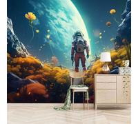 papel pintado pared infantil 350x260cm Viajero Interestelar Extraterrestre papel pintado ladrillo Lienzo mural 3D sin costura visible, perfecto para pasillo o zona de lectura EB24-3440