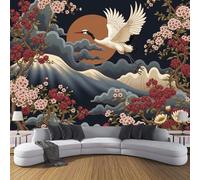 Papel Pintado Pared Japón Flores Cerezo Montañas 150×105cm Papel Tapiz Fotomurales 3D,Este Grulla Dormitorio Salón Tv Fondo Pared,Moderna Decora Murales,Negro Murales Fotográficos