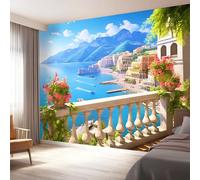 Papel Pintado Pared Línea De Costa Fresco Y Luminoso Balcón, Azul Mural Autoadhesivo 400 x 280 cm（WxH Adhesivo Muebles Autoadhesivo Papeles Pintados para Dormitorio Salón Pasillo