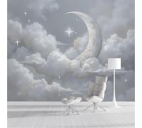 Papel Pintado Pared Luna Creciente Nubes Estrellas Curación Al Estilo De Los Cuentos De Hadas, Papel Tapiz Grande Fotomurales Gris Claro Mural Se Aplica Pared Panorámico Para Murales Póster 250x175cm