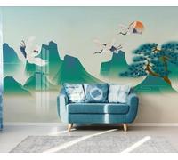 Papel Pintado Pared Montañas Verdes Y Grullas De Agua 350x250cm Fotomurales Decorativos Pared Infantil 3D Murales Dormitorio Salon -MIWEI Wallpaper-ZXY-00762
