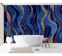 Papel Pintado Pared Ondas De Líneas Lujosas Papel Pintado Efecto 3D Geometría Brillante Moderna Salón Dormitorio Índigo Fotomurales Tejido No Tejido Murales Decorativos Pared, 450X315Cm
