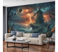 Papel Pintado Pared Oscuro Fantasía Fotomural Papel Tapiz | 250Anx175Al cm Papel Tapiz Moderno Molinos De Viento Relámpagos, Tv Fondo Pared Dormitorio Salón Decoración Murales, Naranja Oscuro