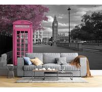 Papel Pintado Pared Paisaje Urbano,300 × 210 Cm Material De Seda Mural,Gris Papel Tapiz 3D Adecuado Para Decoración Paredes Sala, Dormitorio-Cabina Telefónica Rosa