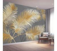 Papel Pintado Pared Panorámico 200 x 140 cm Papel pintado no tejido, Tamaño personalizado, Sencillo elegante palmeras textura de plumas Papel Pintado 3D Gris Para Salón Dormitorio Decoración