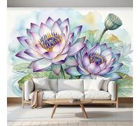 Papel Pintado Pared Panorámico 200 x 140cm (An x Al), Inspirado En El Zen Floral Acuarela Loto Hoja De Loto Papel Pintado Fotográfico - Morado Verde Hierba Decoración de pared Para Oficina y Hogar