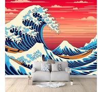 Papel Pintado Pared Panorámico 250 x 175 cm Papel pintado no tejido, Tamaño personalizado, Arte de Caricatura Oriental Olas del Mar Papel Pintado 3D Azul y rojo Para Salón Dormitorio Decoración