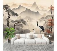 Papel Pintado Pared Panorámico 300x210cm Estilo JaponéS Paisaje PatróN de Grulla Papel Pintado Tejido no Tejido Pintura Con Tinta Fotomurales para Salón, Adulto Habitación de Niños, Estudio Decoración