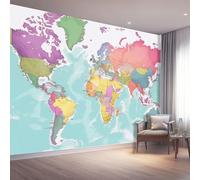 Papel Pintado Pared Panorámico 350 x 256 cm Papel pintado no tejido, Tamaño personalizado, Geografía Mapa del Mundo Continentes Papel Pintado 3D Azul claro Para Salón Dormitorio