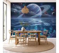 Papel Pintado Pared Panorámico 350 x 256cm (An x Al), Universo De Fantasía Planetas Mundo Submarino Papel Pintado Fotográfico - Violeta Azul Eléctrico Decoración de pared Para Sofá TV Oficina y Hogar