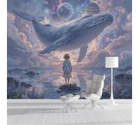 Papel Pintado Pared Panorámico Ballena Cósmica 150x105cm, Arte Fantástico Murales Decoración De Pared, Fotomurales Seda Para Dormitorio Infantil, Azul Pálido