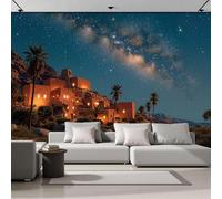 Papel Pintado Pared Panorámico Cielo Estrellado Antiguo Pueblo Egipcio Nocturno 400x280cm, Papel Tapiz Fotográfico Seda Vista Nocturna De Ensueño Para Salón Dormitorio Oficina Pared De Fondo De TV