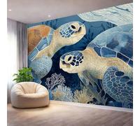 Papel Pintado Pared Panorámico Elementos Marinos Tortuga Coral Estrella De Mar, 250 x 175 cm Póster Gigante De Pared Personalizado 3D Para Salón Dormitorio, Vistoso Papel Pintado Tapiz De Pared Grande