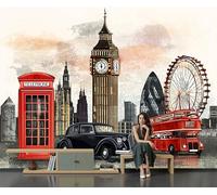Papel Pintado Pared Panorámico Estilo acuarela retro Autobús con cabina telefónica del Big Ben 350x256cm Fotomurales Seda, Murales Decoración de Pared, Póster Personalizado 3DRojo parduzco
