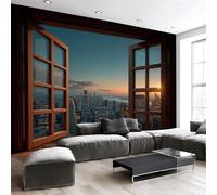 Papel Pintado Pared Panorámico Estilo de ciudad 3D de Seda, Tamaño personalizado,Azul oscuro Los edificios altos que se ven desde la ventana., Póster Gigante de Pared Sala Cuarto Oficina Salón