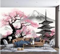 Papel Pintado Pared Panorámico Estilo de pintura con tinta de Seda, Tamaño personalizado,Negro y rosa Cerezos en flor, pagodas y el monte Fuji., Póster Gigante de Pared Sala Cuarto Oficina Salón