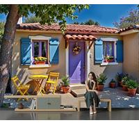 Papel Pintado Pared Panorámico Estilo mediterráneo de Seda, Tamaño personalizado, Púrpura amarillento Puertas, ventanas, casas, mesas y sillas, Póster Gigante de Pared Sala Cuarto Oficina Salón