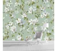 Papel Pintado Pared Panorámico Floral Blanco Sin Costuras De Seda, Papel Pintado Fotográfico Con Elegancia Vintage, 350x256cm Mural Panorámico Para Salón O Dormitorio Decor De Paredes, Verde Menta