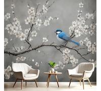 Papel Pintado Pared Panorámico Flores De Ciruelo Pájaros Seda, 150X105Cm, Pintura Al Óleo China Gris Carbón, Póster Gigante De Pared Personalizado 3D Para Salón Dormitorio Fotomurales Decoración
