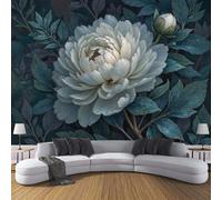 Papel Pintado Pared Panorámico Flores De Peonía Blanca De Seda, Papel Pintado Fotográfico Con Estilo Retro, 400x280cm Mural Panorámico Para Salón O Dormitorio Decor De Paredes, Verde Oscuro
