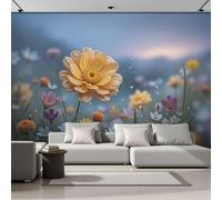Papel Pintado Pared Panorámico Flores Naturales Flores Amarillas En Forma De Gota De Rocío 200x140cm Fotomurales Seda, Murales Decoración de Pared, Póster Personalizado 3D Azul Y Rosa