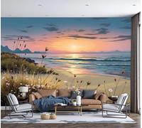 Papel Pintado Pared Panorámico Flores Silvestres En El Resplandor Del Mar de Seda, Tamaño personalizado, Amarillo Azul Paisaje Costero, Póster Gigante de Pared Personalizado 3D Para Salón o Dormitorio